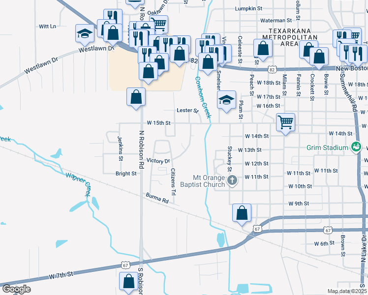 map of restaurants, bars, coffee shops, grocery stores, and more near 121 East Midway Drive in Texarkana