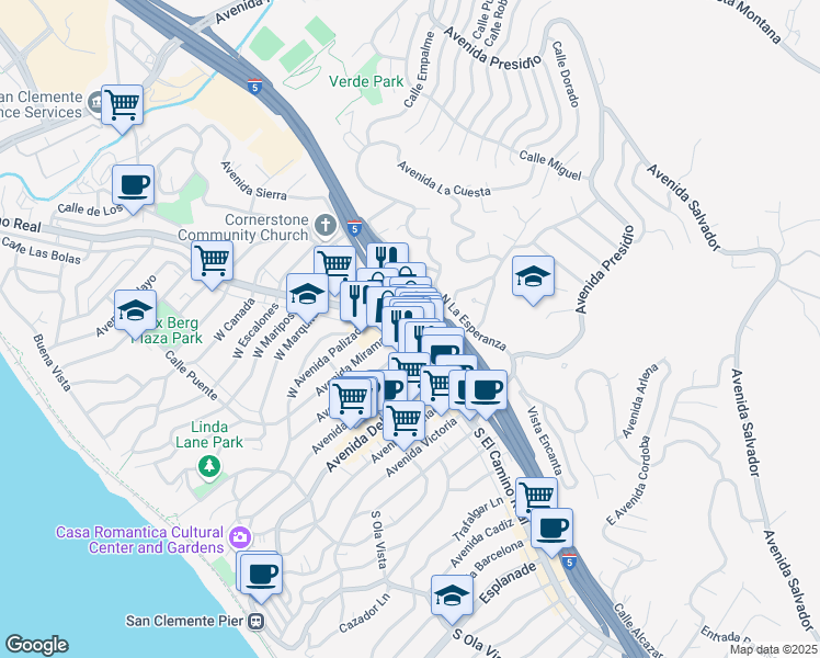map of restaurants, bars, coffee shops, grocery stores, and more near 314 Avenida de la Estrella in San Clemente