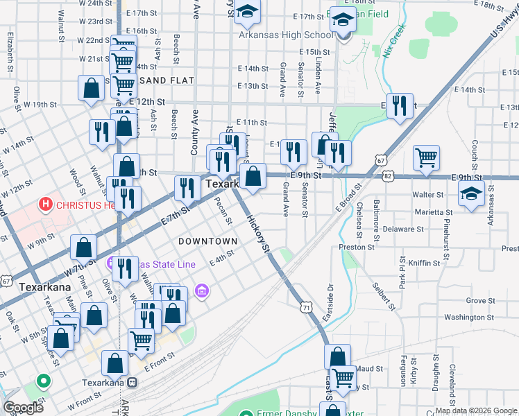 map of restaurants, bars, coffee shops, grocery stores, and more near 500 Hickory Street in Texarkana