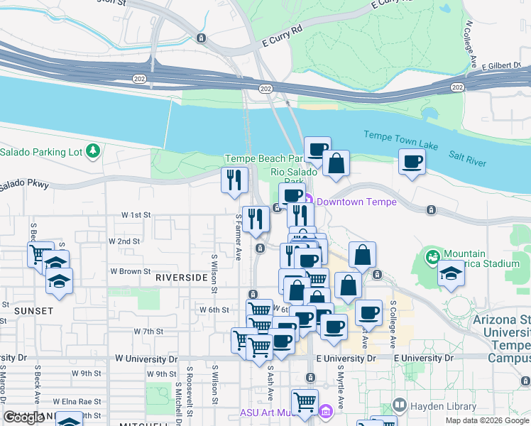 map of restaurants, bars, coffee shops, grocery stores, and more near 75 South Ash Avenue in Tempe