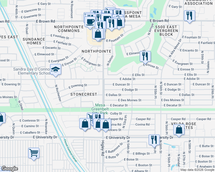 map of restaurants, bars, coffee shops, grocery stores, and more near 5216 East Dodge Street in Mesa
