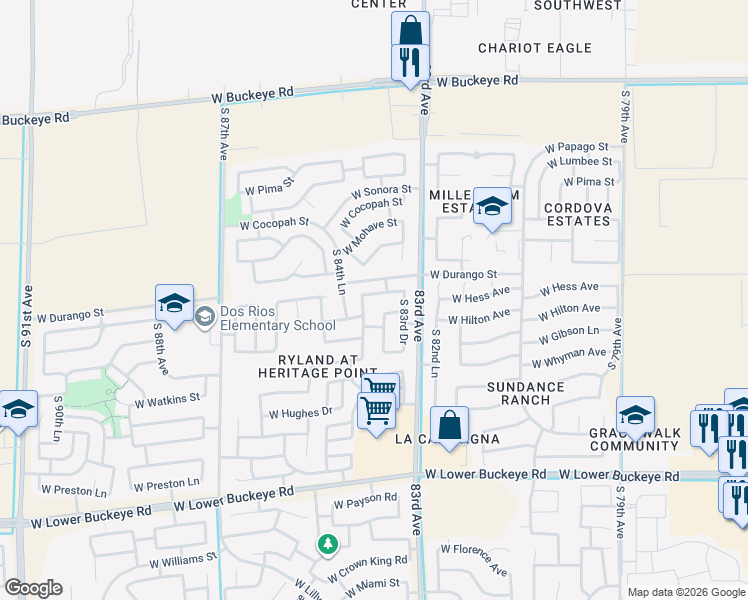 map of restaurants, bars, coffee shops, grocery stores, and more near 2017 South 84th Avenue in Tolleson