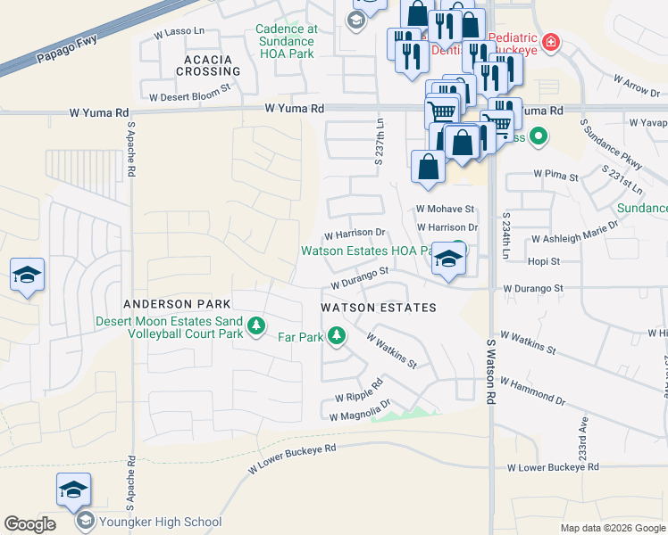 map of restaurants, bars, coffee shops, grocery stores, and more near 1924 South 238th Lane in Buckeye