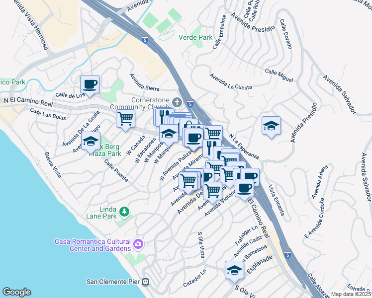 map of restaurants, bars, coffee shops, grocery stores, and more near 106 Loma Lane in San Clemente