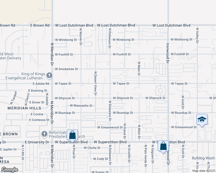 map of restaurants, bars, coffee shops, grocery stores, and more near 2495 West Tepee Street in Apache Junction