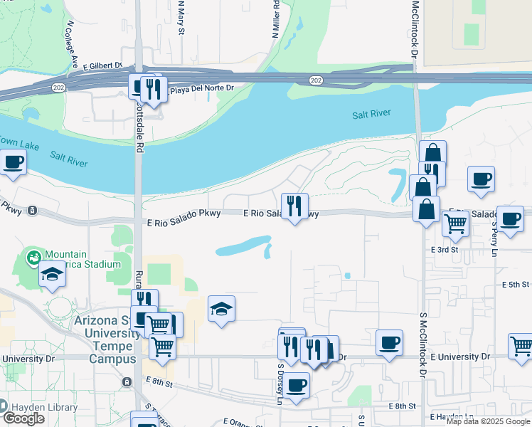 map of restaurants, bars, coffee shops, grocery stores, and more near 1301 East Rio Salado Parkway in Tempe