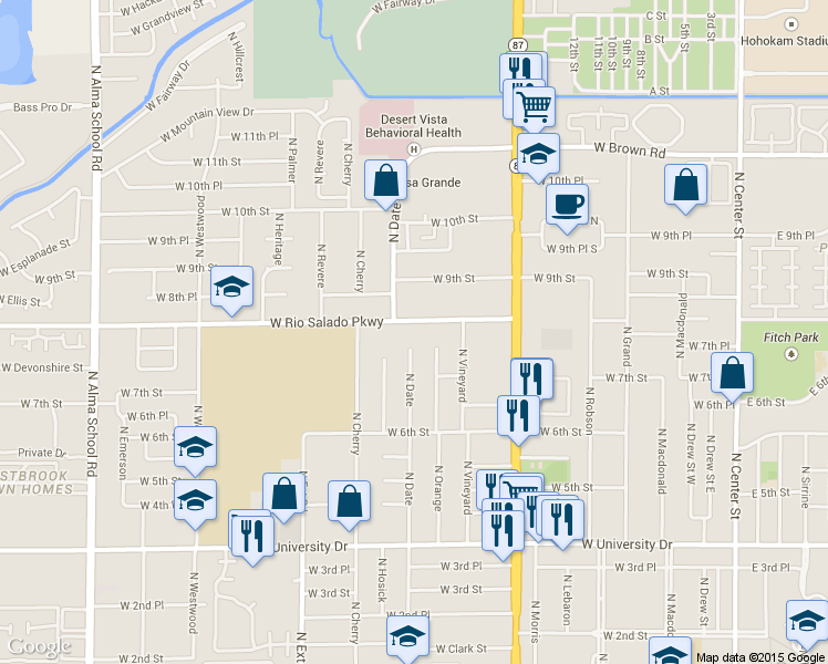 map of restaurants, bars, coffee shops, grocery stores, and more near 738 North Date in Mesa