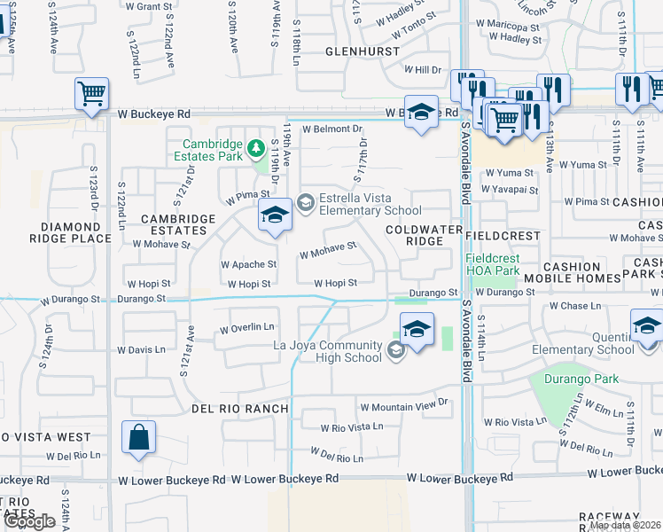 map of restaurants, bars, coffee shops, grocery stores, and more near 11795 West Apache Street in Avondale