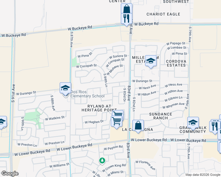 map of restaurants, bars, coffee shops, grocery stores, and more near 2017 South 84th Avenue in Tolleson
