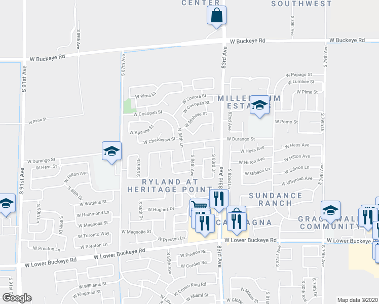 map of restaurants, bars, coffee shops, grocery stores, and more near 2010 South 84th Glen in Tolleson