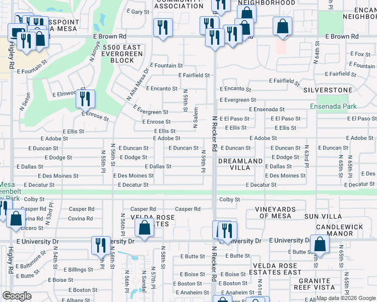 map of restaurants, bars, coffee shops, grocery stores, and more near 5914 East Dodge Street in Mesa