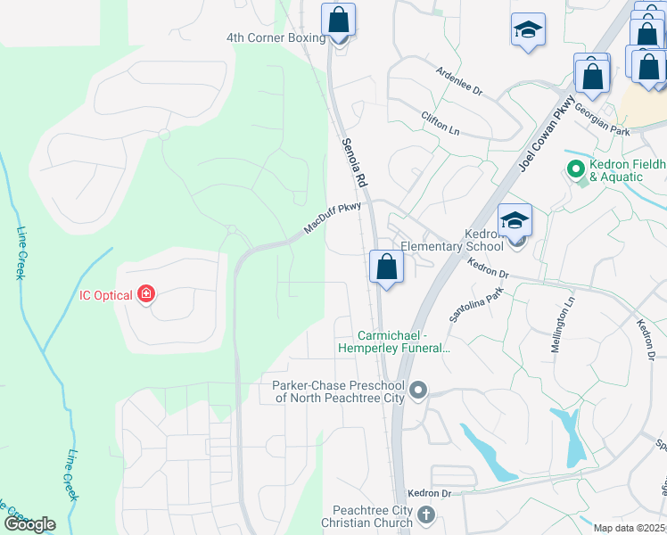 map of restaurants, bars, coffee shops, grocery stores, and more near 180 Senoia Road in Peachtree City