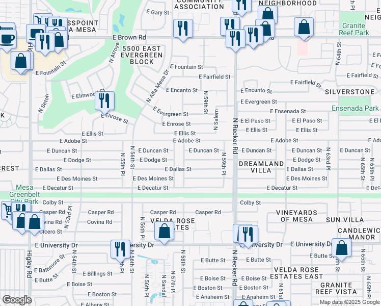 map of restaurants, bars, coffee shops, grocery stores, and more near 5817 East Duncan Street in Mesa