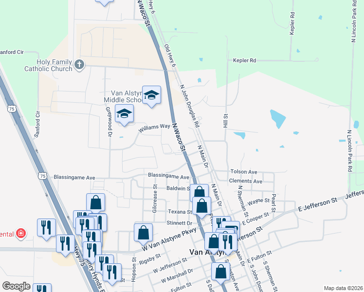map of restaurants, bars, coffee shops, grocery stores, and more near 1722 North Waco Street in Van Alstyne