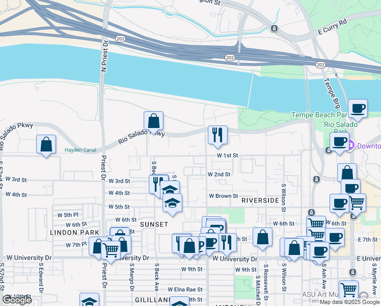 map of restaurants, bars, coffee shops, grocery stores, and more near 1026 West 1st Street in Tempe