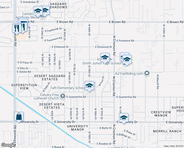 map of restaurants, bars, coffee shops, grocery stores, and more near 9806 East Dodge Street in Mesa