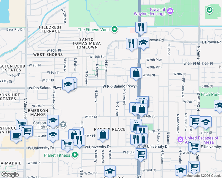 map of restaurants, bars, coffee shops, grocery stores, and more near 738 North Date in Mesa