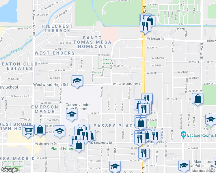 map of restaurants, bars, coffee shops, grocery stores, and more near 738 North Date in Mesa