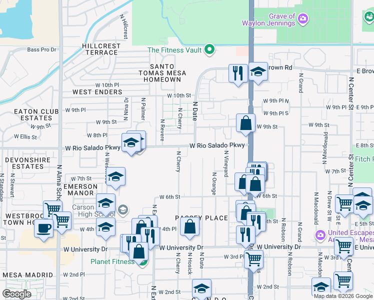 map of restaurants, bars, coffee shops, grocery stores, and more near 743 North Cherry in Mesa
