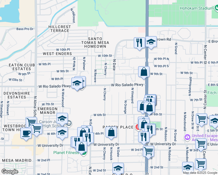 map of restaurants, bars, coffee shops, grocery stores, and more near 743 North Cherry in Mesa