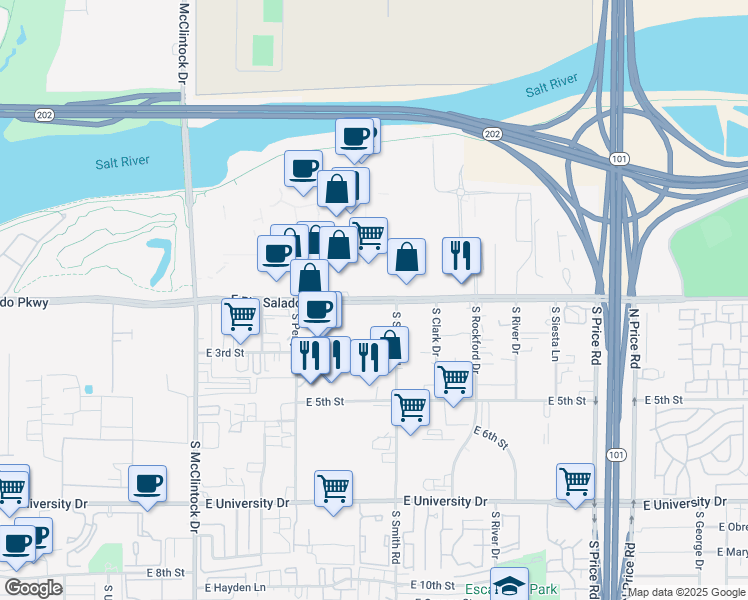 map of restaurants, bars, coffee shops, grocery stores, and more near 1985 East Rio Salado Parkway in Tempe