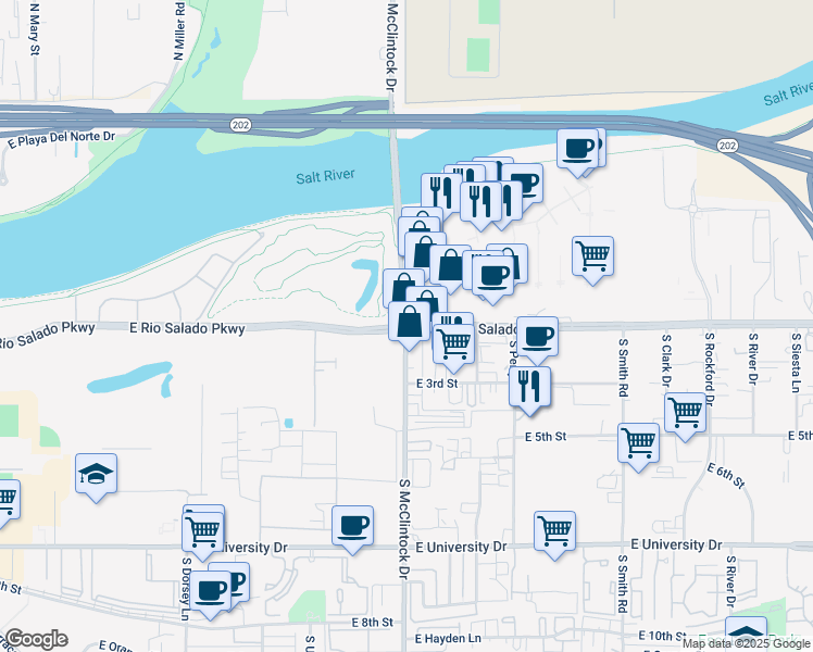map of restaurants, bars, coffee shops, grocery stores, and more near in Tempe