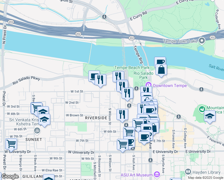 map of restaurants, bars, coffee shops, grocery stores, and more near 202 South Farmer Avenue in Tempe