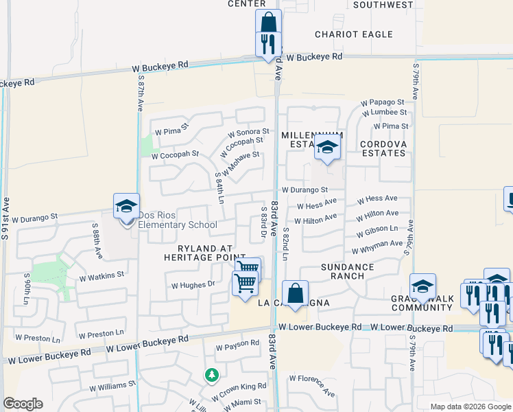 map of restaurants, bars, coffee shops, grocery stores, and more near 2017 South 83rd Drive in Tolleson