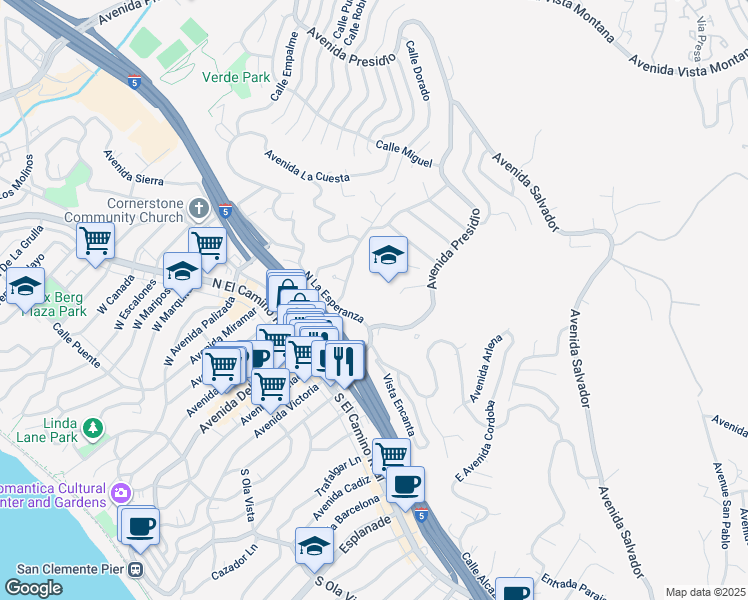 map of restaurants, bars, coffee shops, grocery stores, and more near in San Clemente