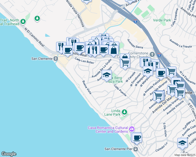 map of restaurants, bars, coffee shops, grocery stores, and more near 213 Avenida Pelayo in San Clemente