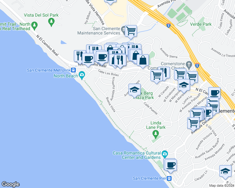 map of restaurants, bars, coffee shops, grocery stores, and more near in San Clemente