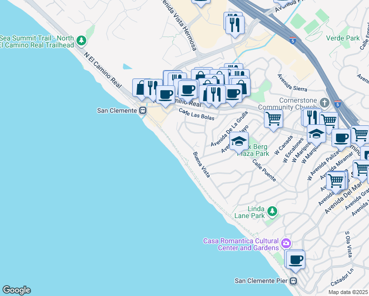 map of restaurants, bars, coffee shops, grocery stores, and more near 1501 Buena Vista in San Clemente