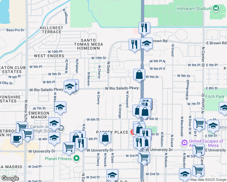 map of restaurants, bars, coffee shops, grocery stores, and more near 738 North Date in Mesa