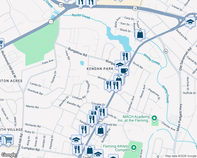 map of restaurants, bars, coffee shops, grocery stores, and more near 2213 Woodward Avenue in Augusta