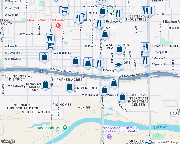 map of restaurants, bars, coffee shops, grocery stores, and more near 112 W Maricopa Fwy in Phoenix