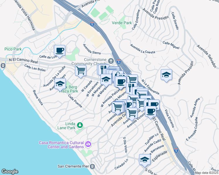 map of restaurants, bars, coffee shops, grocery stores, and more near 101 West Marquita in San Clemente