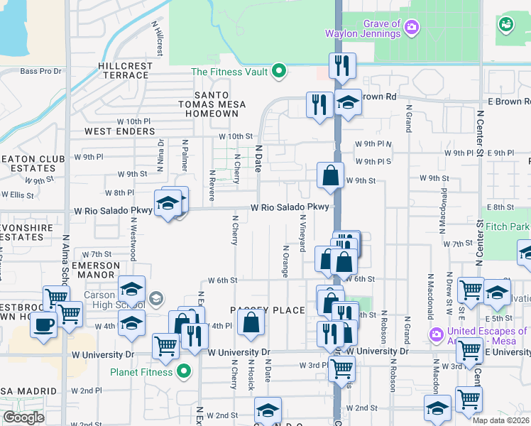 map of restaurants, bars, coffee shops, grocery stores, and more near 738 North Date in Mesa