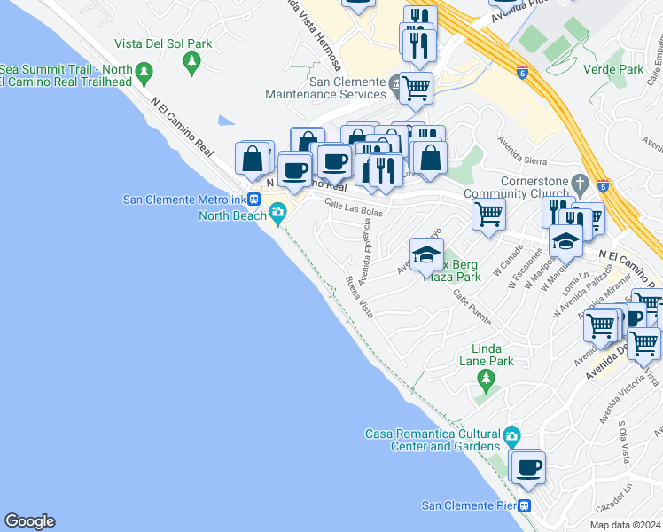 map of restaurants, bars, coffee shops, grocery stores, and more near 1507 Buena Vista in San Clemente