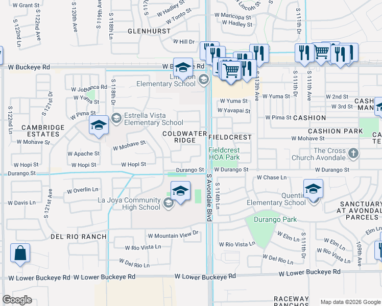 map of restaurants, bars, coffee shops, grocery stores, and more near 11566 West Apache Street in Avondale