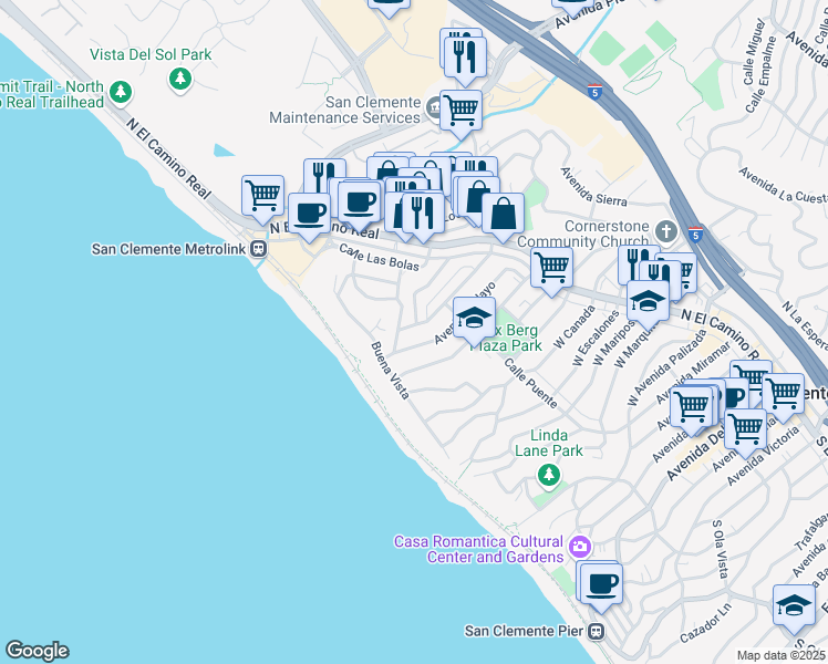map of restaurants, bars, coffee shops, grocery stores, and more near 223 Avenida De La Plaza in Vista