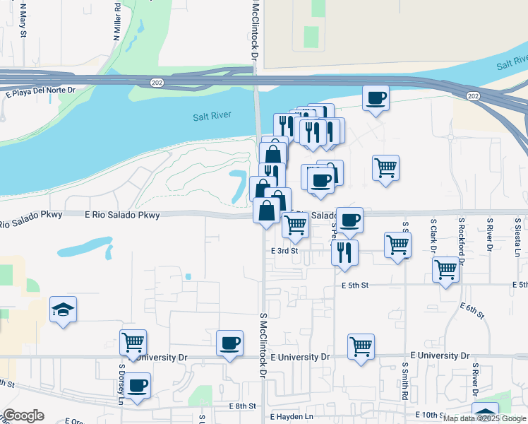 map of restaurants, bars, coffee shops, grocery stores, and more near 1800 East Rio Salado Parkway in Tempe
