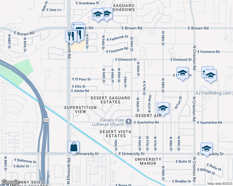 map of restaurants, bars, coffee shops, grocery stores, and more near 9518 East Duncan Street in Mesa