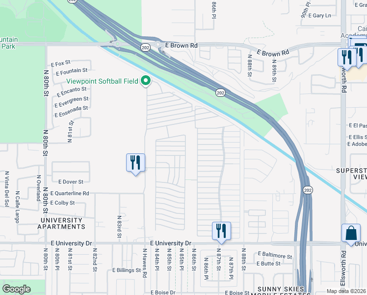 map of restaurants, bars, coffee shops, grocery stores, and more near Ln 2800 in Mesa
