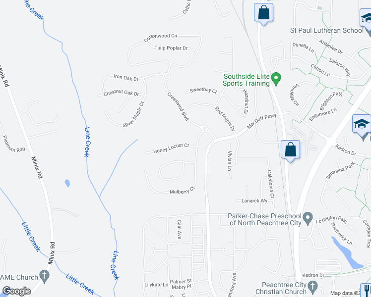 map of restaurants, bars, coffee shops, grocery stores, and more near 307 Honey Locust Court in Peachtree City