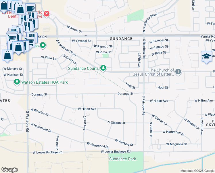 map of restaurants, bars, coffee shops, grocery stores, and more near 22949 West Hopi Street in Buckeye