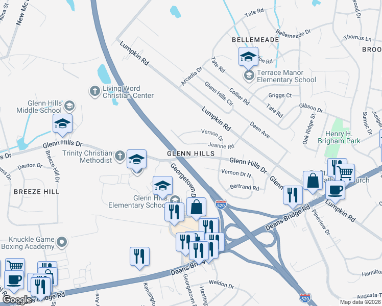 map of restaurants, bars, coffee shops, grocery stores, and more near 2816 Glenn Hills Drive in Augusta