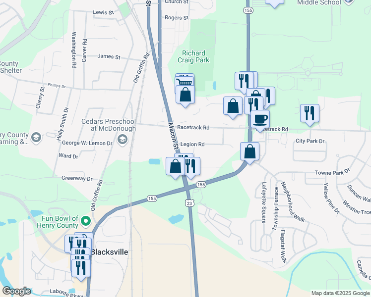 map of restaurants, bars, coffee shops, grocery stores, and more near 647 Georgia 42 in McDonough