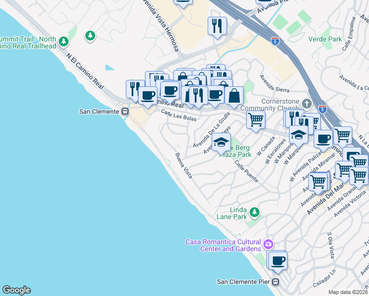 map of restaurants, bars, coffee shops, grocery stores, and more near 164 Avenida Florencia in San Clemente