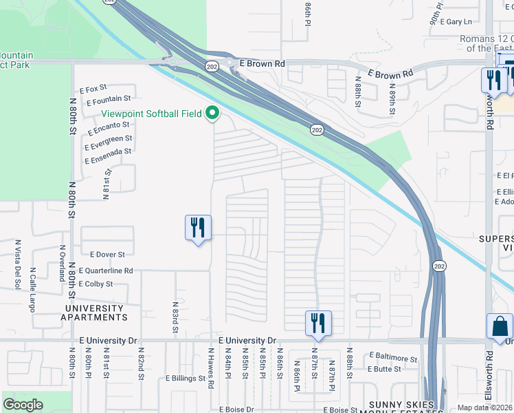 map of restaurants, bars, coffee shops, grocery stores, and more near Ln 2800 in Mesa