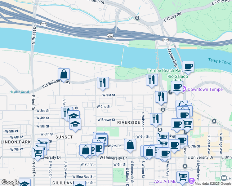 map of restaurants, bars, coffee shops, grocery stores, and more near 706 West 1st Street in Tempe